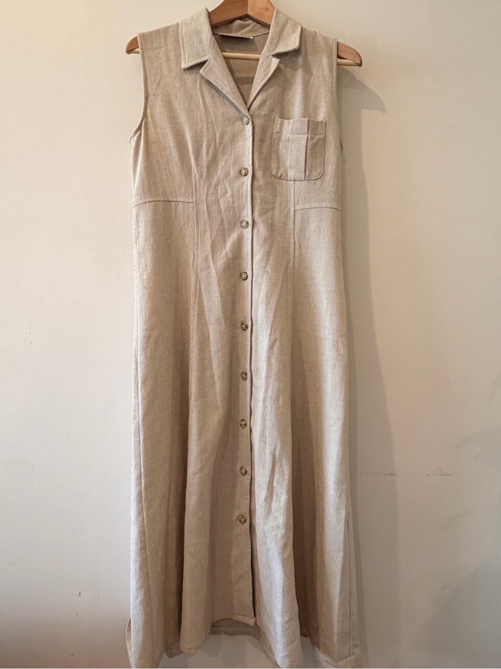 Sleeveless Button-Front Maxi Shirt Dress in Natural Linen